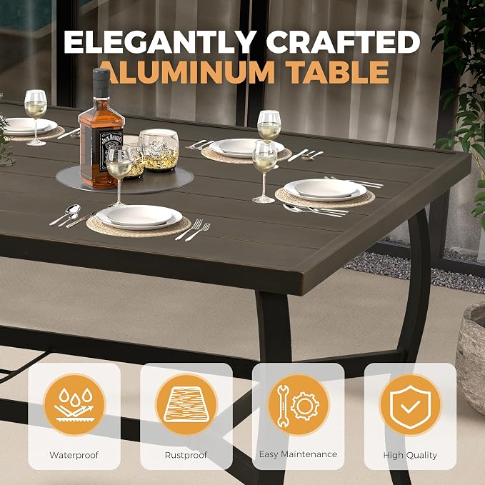 HAPPATIO Outdoor Dining Table for 6, Aluminum Rectangle Outdoor Dining Table with Umbrella Hole, All-Weather Aluminum Patio Dining Table for Garden Yard Poolside, Only Table, Black