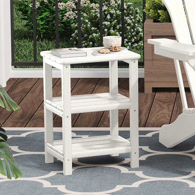 3 Tier Outdoor Side Table Adirondack Side Table HDPE End Table Patio Side Table Rectangle Tables for Outdoor Backyard Garden Balcony (Retro, White)