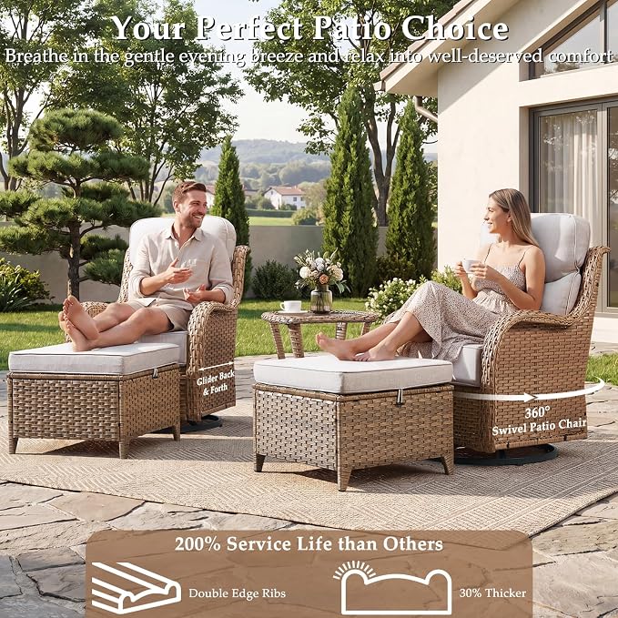 Luxury Outdoor Swivel Rocker Patio Chairs Set of 2 with 6-Inch Thick Cushions, High Back Swivel Patio Chairs Wicker Outdoor Gliders for Porch, Yard, Deck, Poolside, Yellow/Beige