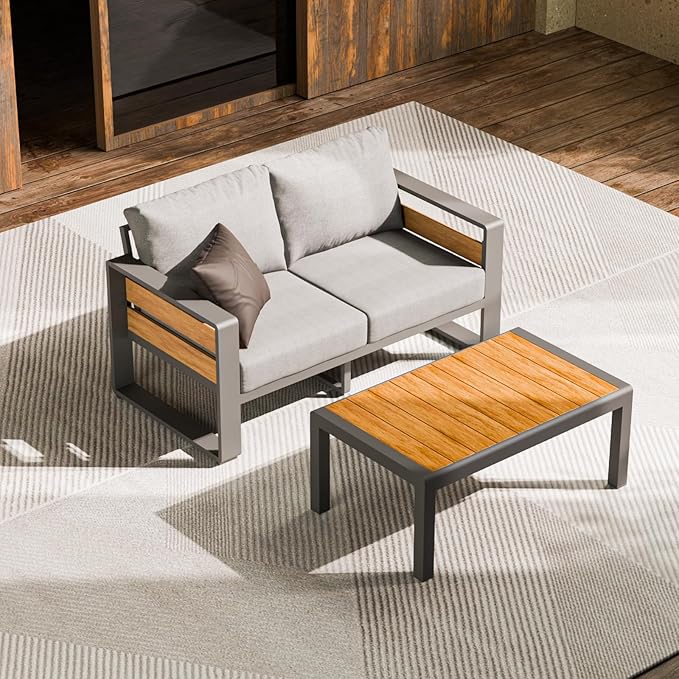 ZANDOR Aluminum Outdoor Patio Furniture-Loveseat with Table,Dark Gray | Rustproof,High weight capacity,Water-repellent,Washable Cover,All-Weather Resistant,Easy clean,for Poolside Backyard Deck