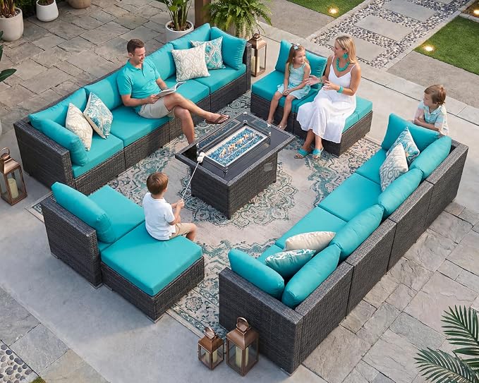 NICESOUL 13 Piece Patio Furniture w/Fireplace, Elegant Outdoor Seating w/Firepit, XL Size 29.3'' High Back Sectional Sofa, All-Weather Rattan Deck Couch, Modular Sturdy Conversation Set, Gray & Teal