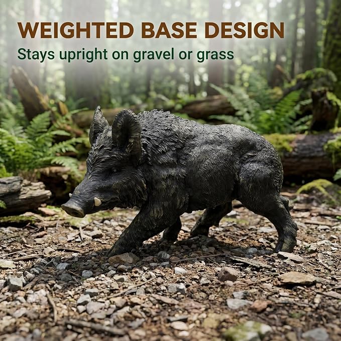 Rustic Wild Boar Garden Statue, Black, 21.26 Inch Resin | Animal Sculpture, Textured Fur & Prominent Tusks, Outdoor Ornament, For Lawn, Patio & Woodland Landscape