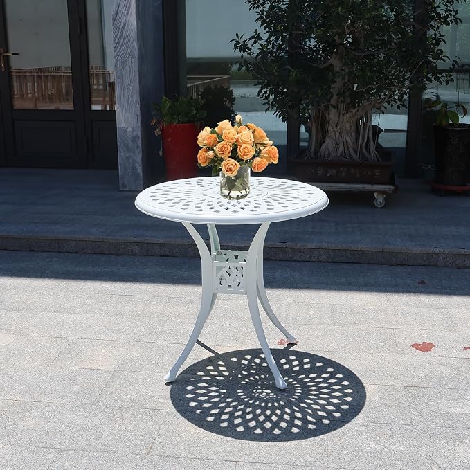30 inches Patio Table with Umbrella Hole, Round Cast Aluminum Bistro Table for Porch Backyard, White