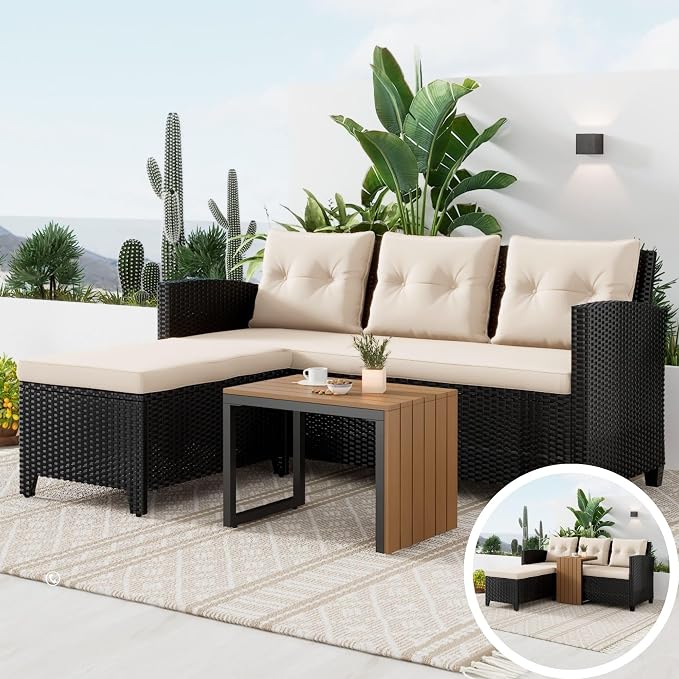 Suntone Outdoor Wicker Patio Furniture Sets, Patio Conversation Set - 3 Piece Patio Sectional Sofa Set, Coffee Table, Black/Beige