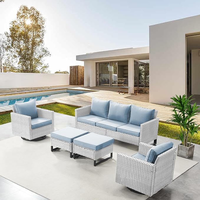 Belord Wicker Patio Furniture 5 Piece Outdoor Sofa Set, Oversize Outdoor Swivel Rocker Chairs with Rattan Ottomans, Conversation Sets Patio Furniture Come with Removable Cushion Baby Blue, Light Grey