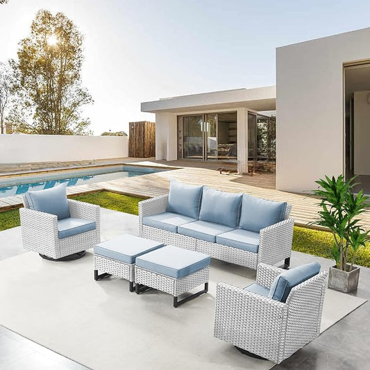 Belord Wicker Patio Furniture 5 Piece Outdoor Sofa Set, Oversize Outdoor Swivel Rocker Chairs with Rattan Ottomans, Conversation Sets Patio Furniture Come with Removable Cushion Baby Blue, Light Grey