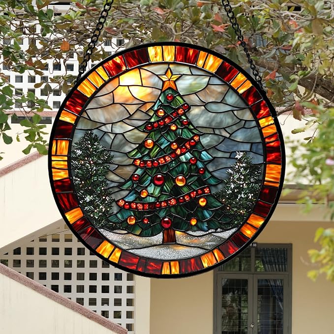 DASTOLL Stained Glass Window Hanging - Winter Christmas Tree Suncatcher Ready to Hang Window Doors Home Decoration, Christmas, Mother's Day Birthday Gifts for Women, Men, and Mom 14.9x14.9 in