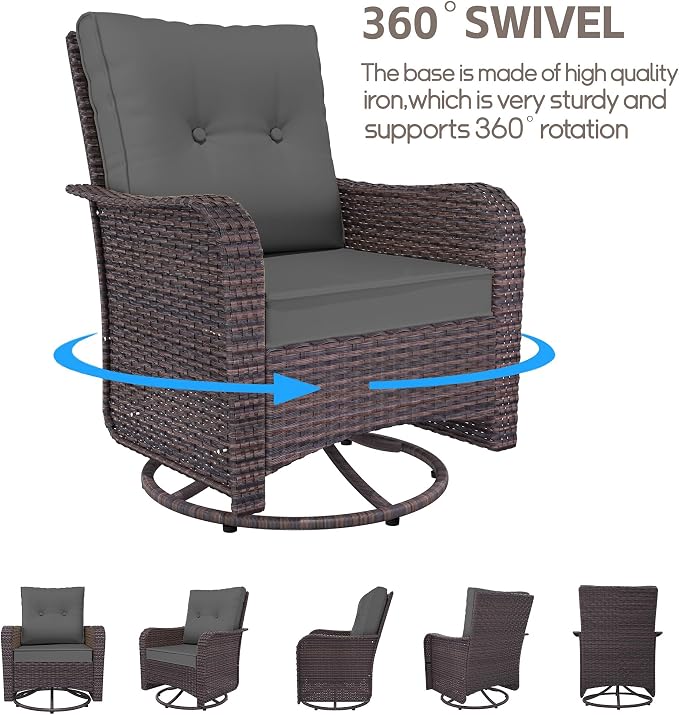 Patio Furniture Set 9 Pieces Outdoor Swivel Rocking Chairs Sofa Set,PE Rattan Wicker Patio Conversation Set with Thickened Cushions and Glass Coffee Table,Grey