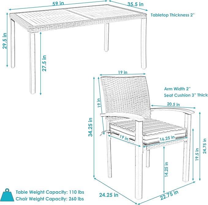 Sunnydaze Carlow 7-Piece Rattan and Acacia Outdoor Dining Set - 1 Table and 6 Chairs with Seat Cushions - Blue Stripe
