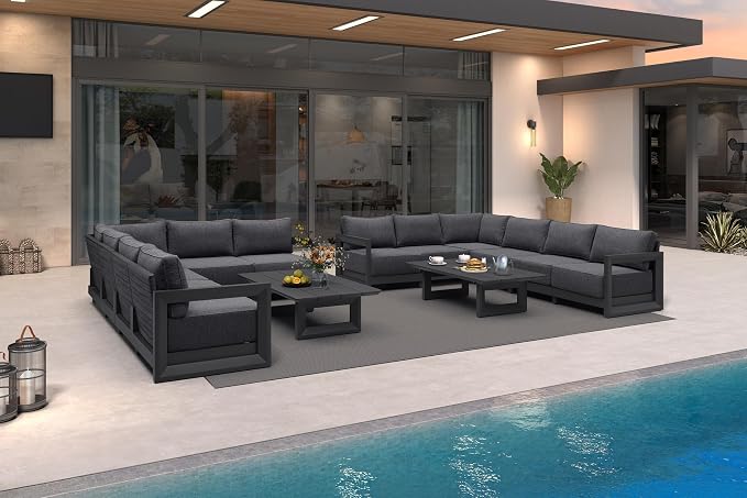 PURPLE LEAF Patio Furniture Set L-Shaped Outdoor Couch with 9.6" Thick Cushion and Soft Pillows 14 Piece Outdoor Sectional Sofas with Table Modern Patio Conversation Sets for Yard Porch Deck, Grey