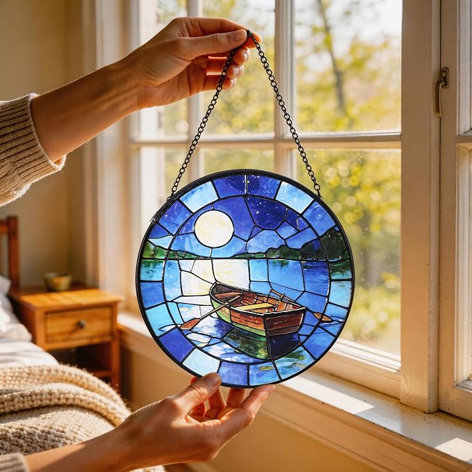 Hanging Stained Glass for Windows,20cm/7.87inch The Boat Beneath the Moon Stained Glass Suncatcher with Chain Garden Diamond Glass Panel Hangings Decoration for Family Friends Colleagues
