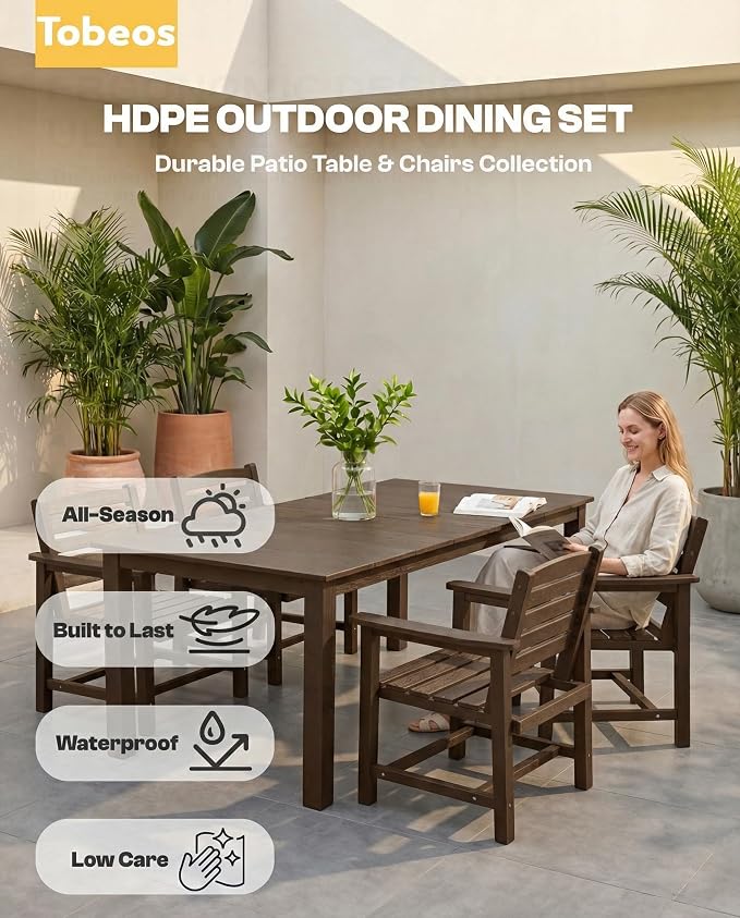 5-Piece Outdoor Dining Set, 10x10FT Cantilever Umbrella for 4,Brown | HDPE table, chairs included, aluminum frame, weather-resistant furniture, perfect for yard, lawn, garden, deck
