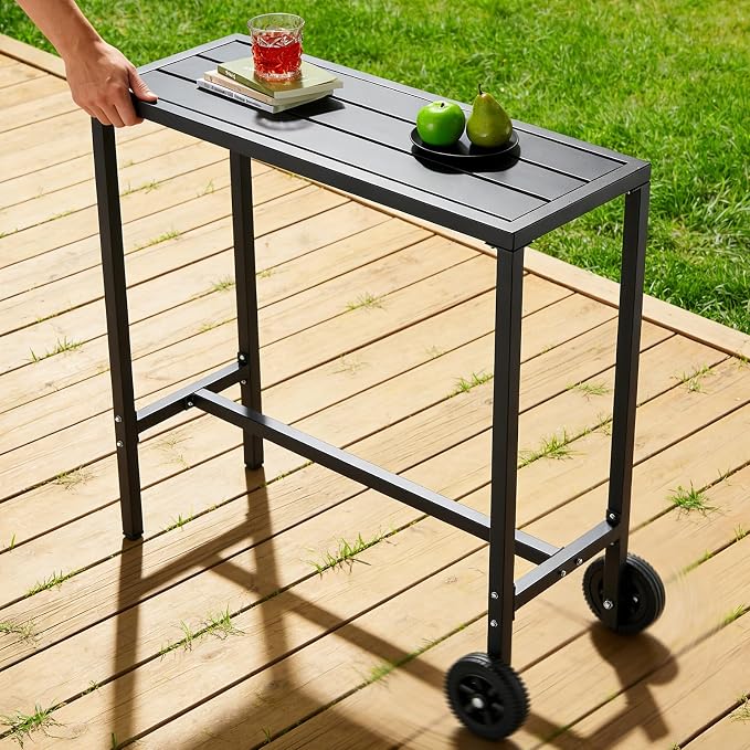 Takywep Weatherproof Steel Outdoor Bar Table, 39 Inch Counter Height Patio Dining Table with Wheels and Adjustable Leveling Feet, Portable Rolling Pub Table for Kitchen Island, Home Bar, Balcony