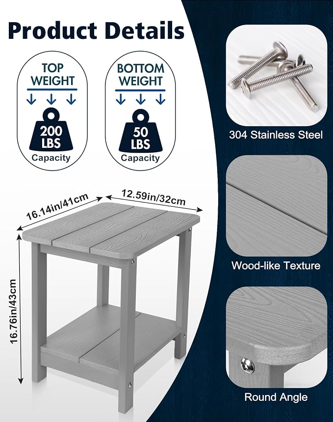 Tikea Adirondack Outdoor Side Table, 2-Tier 16.7" Outdoor End Table for Patio Pool Porch, All Weather Resistant Patio Furniture Gray