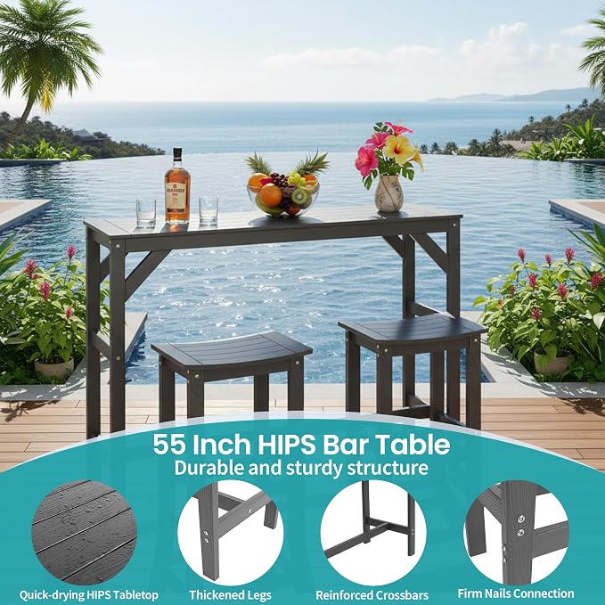 3Pcs Poly Lumber Outdoor Patio Bar Set, All Weather HIPS Bar Table and Chairs Set for Outside, 55" Rectangular High Top Bar Table with 2 Bar Stools for Patio, Poolside, Balcony, Hot Tub, Black
