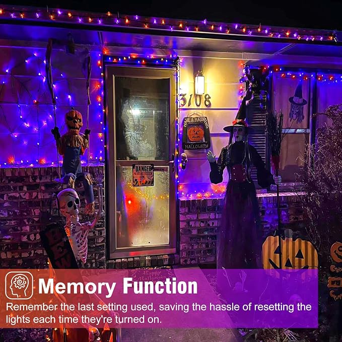 2 Pack Halloween Lights, Total 200FT 600 LED Outdoor String Lights | Orange and Purple, 8 Modes Waterproof Plug in Halloween Decorations for Outside Indoor House Patio Garden Party Holiday