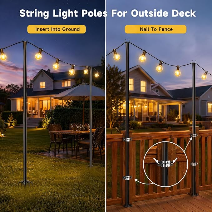 2 Pack 10FT Lighting Hanging Pole for Outside, Waterproof Hardened Metal Outdoor String Light Poles for Patio, Garden, Bistro, Wedding, Parties