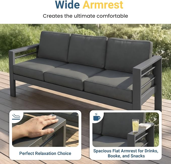 Wisteria Lane 5 Pieces Aluminum Patio Furniture Set with Umbrella, All Weather Oversized Outdoor Furniture Set with Deep Seat and Back Cushion, Patio Conversation Sets with Wide armrest, Gray & Kahki