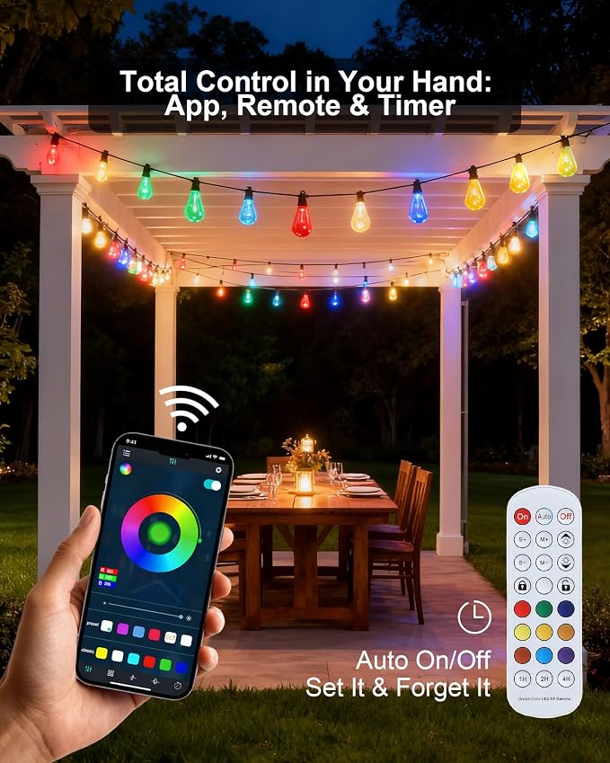 Smart Outdoor String Lights, 100FT (50FT*2) RGB Color Changing Patio Lights with Timer, 21-Key RF Remote and Bluetooth, IP65 Waterproof Shatterproof LED Lights for Backyard Balcony Garden Party Decor