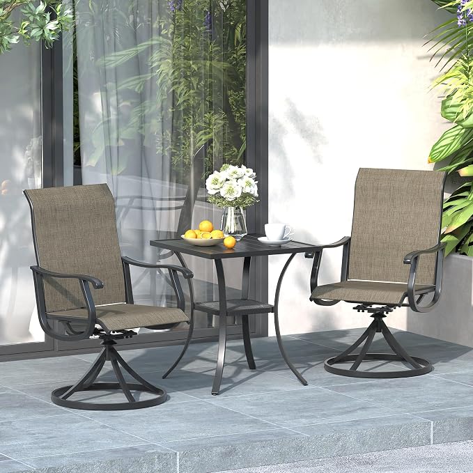 3 Pieces Patio Furniture Dining Set, 2 Textilene Swivel Dining Chairs, 28" Outdoor Square Metal Table with Storage Shelf, Outdoor Dining Set for Porch, Lawn, Garden, Black/Brown