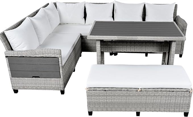 GDFStudio Brava Patio 5-Piece Conversation Set, Outdoor Rattan Sectional Sofa Set with Extendable Side Tables, Dining Table and Bench, L Shaped PE Wicker Furniture Set for Garden, Poolside, White