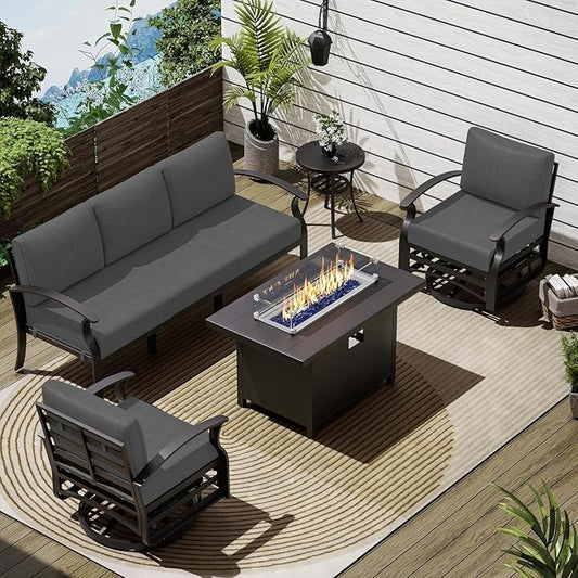 Patio Furniture Set 5-Piece Aluminum Armrest Sofa, Modern Outdoor Living Room Set with 55000 BTU Propane Aluminum Fireplace, Outdoor Rotary Joystick with Thick Cushion