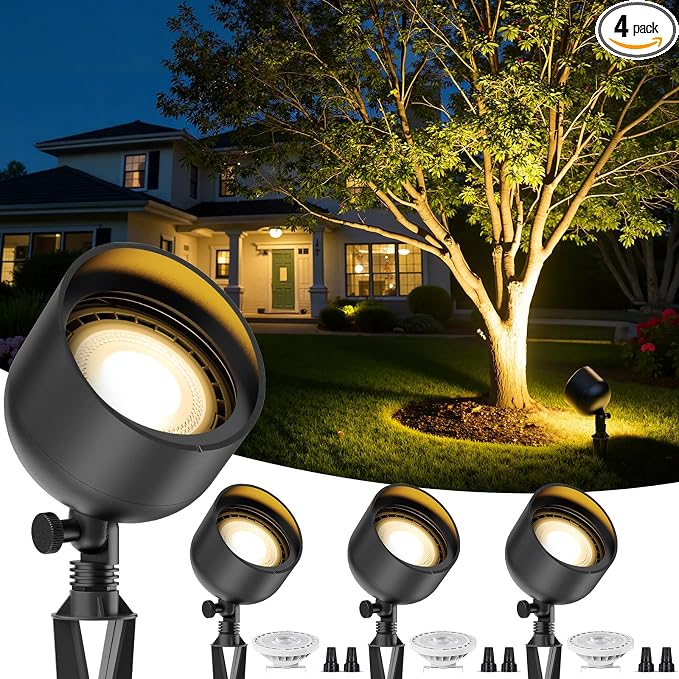 Low Voltage Landscape LED Flood Light, 12V Wide-Angle Outdoor Uplight for Bushes, Tree Canopy, Flagpole and Exterior Wall Washing with 10W 2700K PAR36 Bulb (4 Pack)