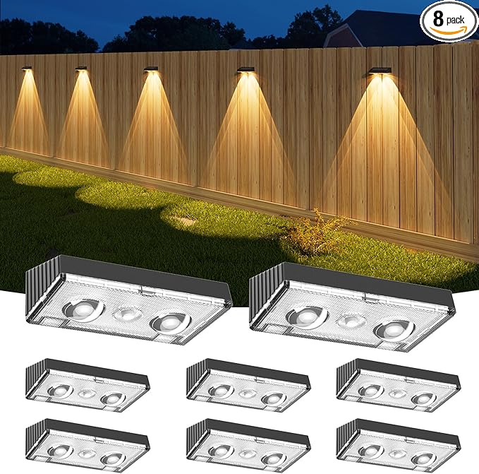 Solar Fence Lights,8 Pack Deck Light,Led Lights Warm White Outdoor Wall Lights,IP45 Solar Powered Light Waterproof for Backyard/Pool/Railing/Patio/Porch/Step/Outside/Garden (Black)