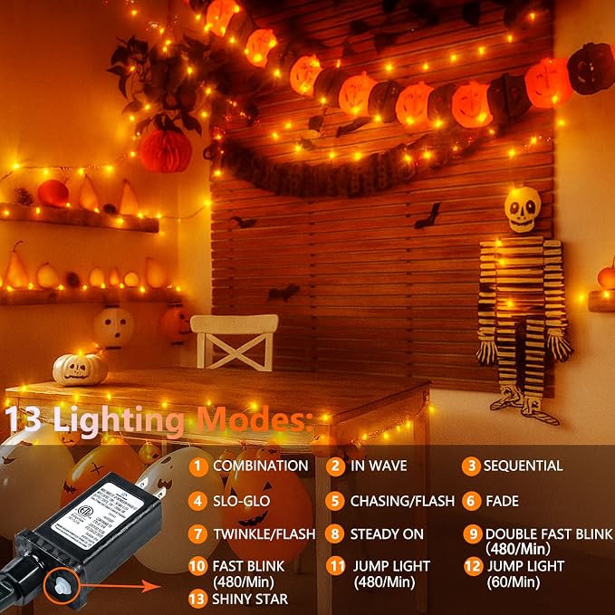200 LED Connectable String Lights, 66FT Christmas Lights Outdoor Indoor | Orange, 13 Modes, Timer, Clear Wire Waterproof Twinkle Fairy Lights Plug in for Halloween Bedroom Patio Xmas Tree Decor