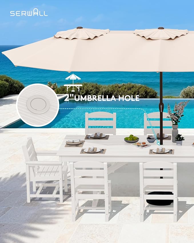 SERWALL 9 Piece Outdoor Dining Set, 84" HDPE Outdoor Table with 6 Armless Chairs and 2 Armchairs ，All Weather Patio Dining Furniture Set with Umbrella Hole for Backyard, Garden, White