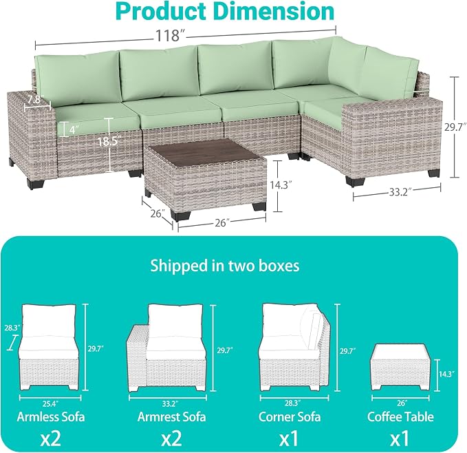 6-Piece Outdoor Patio Furniture Set Wicker Sectional Sofa Set, Patio Conversation Set with Thickened Cushions & Coffee Table for Garden, Backyard, Poolside, Light Green