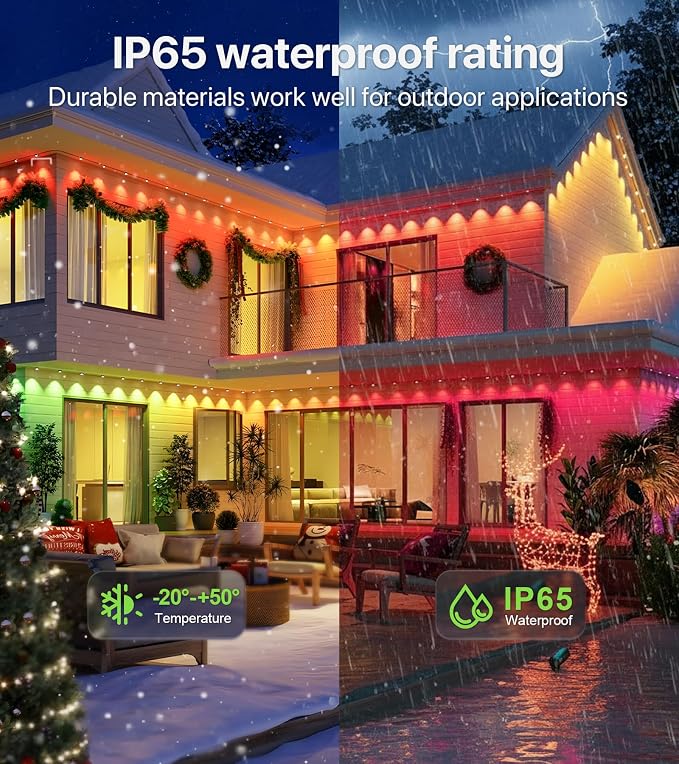 Permanent Outdoor Lights, 150FT RGB+IC Eave Lights with Music Mode | Permanent Outdoor Christmas Lights with RGB+IC Lighting, IP65, App & Remote Control for Eaves, Yard Parties, and Holidays