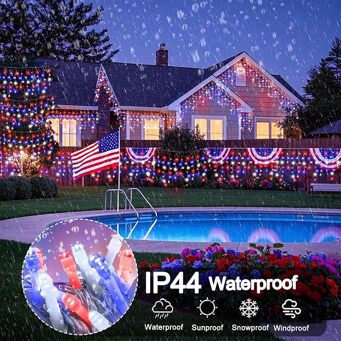 Red White and Blue Icicle Lights for Outside – 33ft 400LED Outdoor Waterproof Christmas Lights, 4th of July Decorations Independence Day Patriotic Lights with 75 Drops for House Roof Window Fence