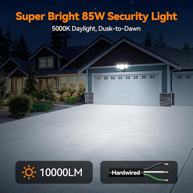 85W 10000LM Switch Controlled Outdoor Flood Lights, 4-Head Super Bright LED Security Light, 5000K Daylight, IP65 Waterproof Hardwired Exterior Light for Outside Garage Yard (Black)