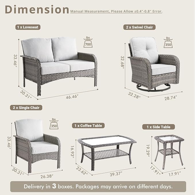 7 Piece Wicker Patio Furniture Set with Swivel Chairs, Light Gray | High Back Swivel Rocker Chairs, Outdoor Loveseat Sofa, Coffee Table, Rattan Conversation Set, Porch Deck Backyard Poolside