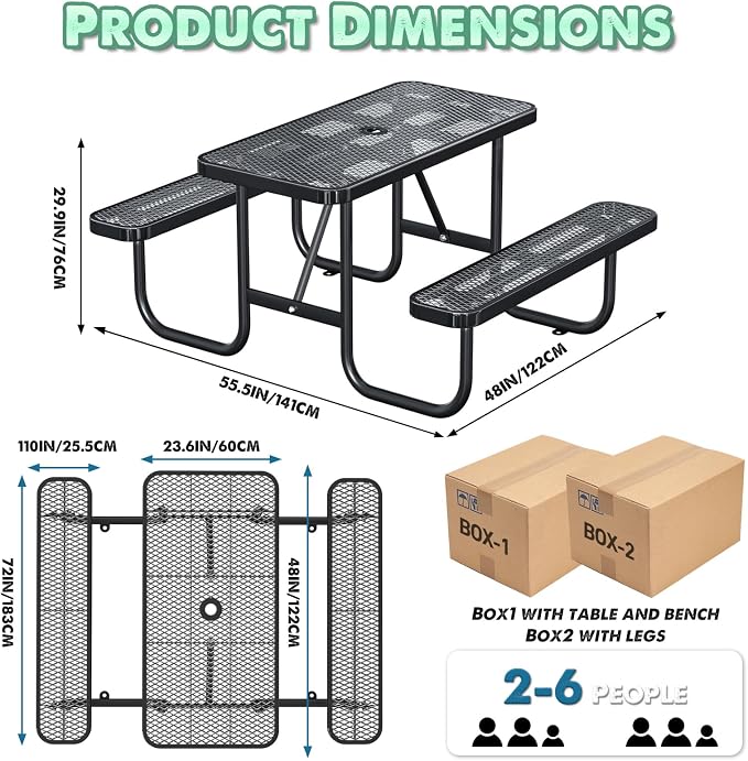 4FT/48IN Heavy Duty Outdoor Picnic Table and 2 Benches for 2-6 People, Weather Resistant Rectangular Steel Picnic Table Set with Umbrella Hole for Yard Patio Lawn Party Black