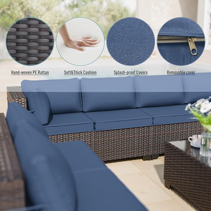 ALAULM 9 Pieces Patio Furniture Set Wicker Patio Conversation Set, Outdoor Sectional Furniture w/Coffee Table & Washable Seat Cushions-Dark Blue
