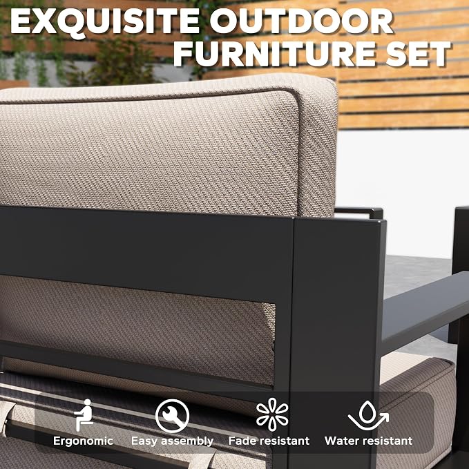 Aluminum Outdoor Conversation Furniture Set - All Weather Patio 79" Sofa with 4 Armchairs, 6" Water-Resistant Cushions & Furniture Covers & Metal Armrest for Deck Porch (Beige)