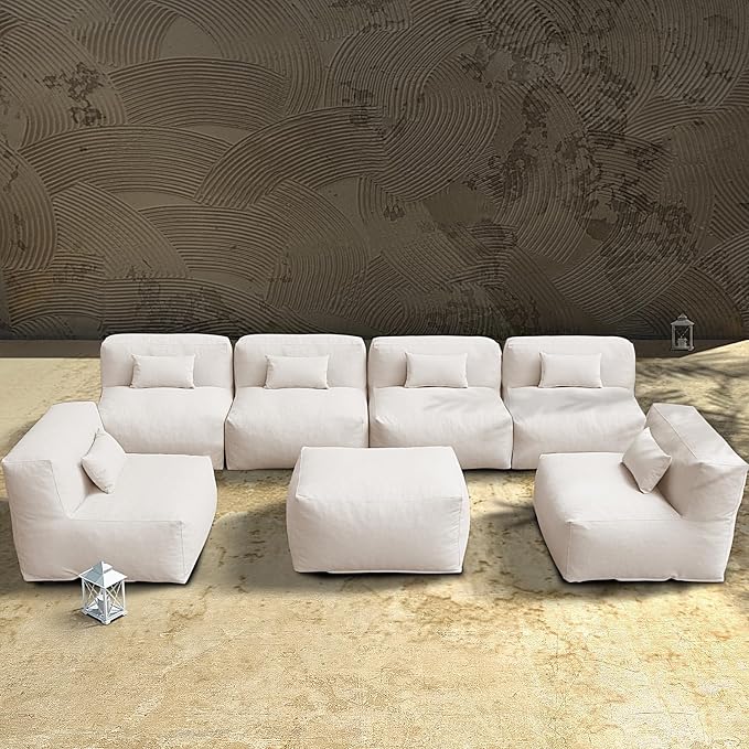 ANNYH CALALUNA 7Pc Patio Garden Furniture Sectional Conversation Set.Combines 6 Middle Chairs 1 Ottoman/Coffee Table Outdoor Exp Foam Filled Chairs A Unique Modular Contemporary Sofa (Light Beige)