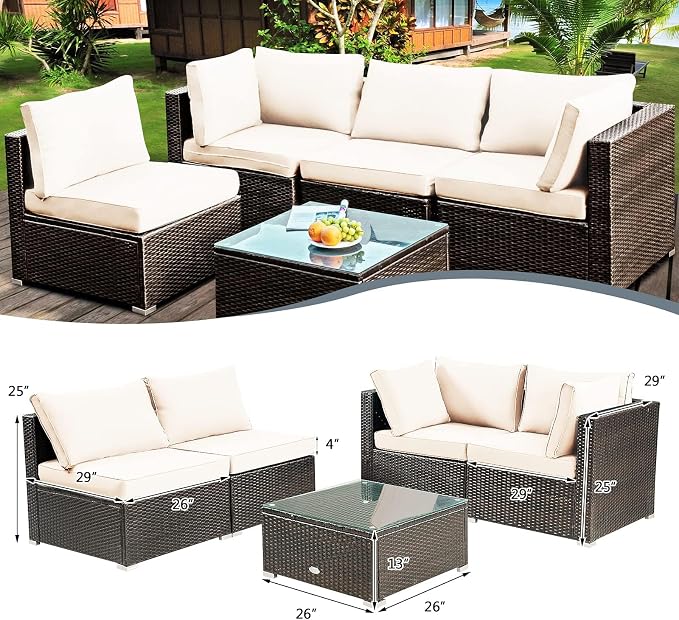 DORTALA 5 Pieces Patio Furniture Set, Outdoor Rattan L-Shaped Corner Sofa Set with Cushions, Coffee Table, Patio Sectional Conversation Set for Backyard Porch Garden Poolside, White