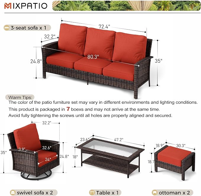 MIXPATIO 6-Piece Wicker Patio Furniture Set with Swivel Chairs, High Back Outdoor Furniture with 5.5-inch Thick Cushion and Ottoman, All-Weather Wicker Patio Conversation Set for Deck Yard Pool, Red