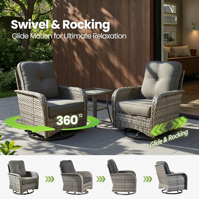 10 Piece Wicker Patio Furniture Set with Firepit, Black | High Back Swivel Rocker Chairs, 54-inch Fire Pit, Outdoor Sofa Ottoman Solar Lights Table, Conversation Sets, Deck Backyard