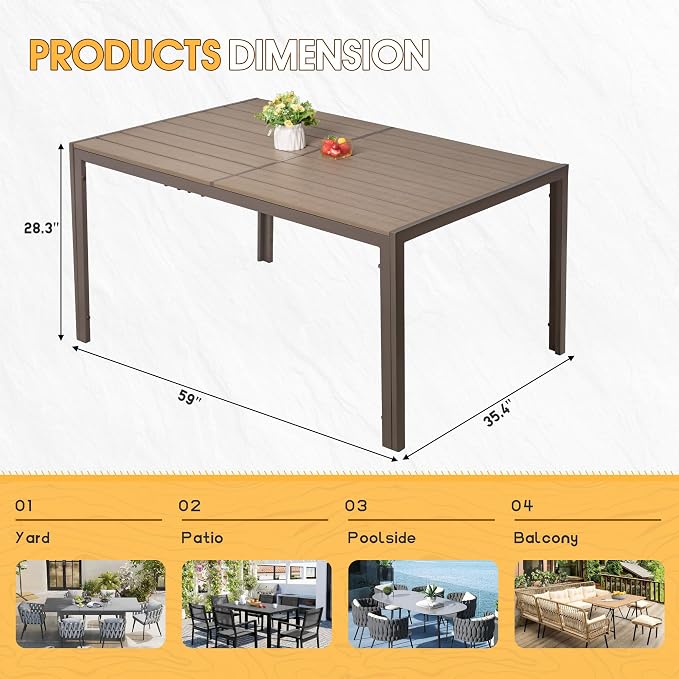 Homall Outdoor Table 59" x 35" Dining Table Set for 6 Wood Texture Patio Table for Deck, Garden, Backyard