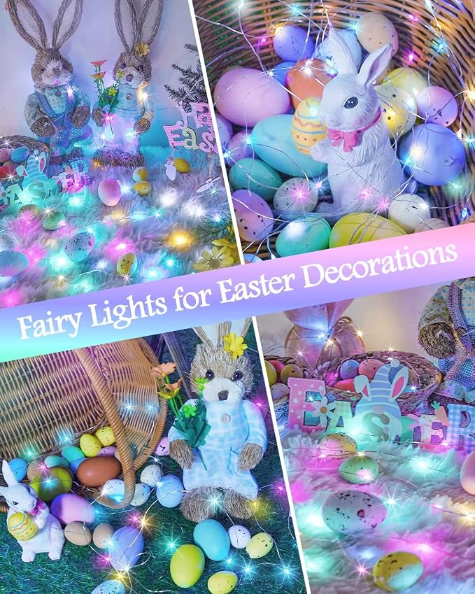 4 Pack 60 LED Fairy Lights Battery Operated with Timer, 20 FT Easter Lights | Cuttable Copper Wire, Waterproof Pastel Battery String Lights for Indoor Outdoor, Bedroom, DIY, Spring Easter Decorations