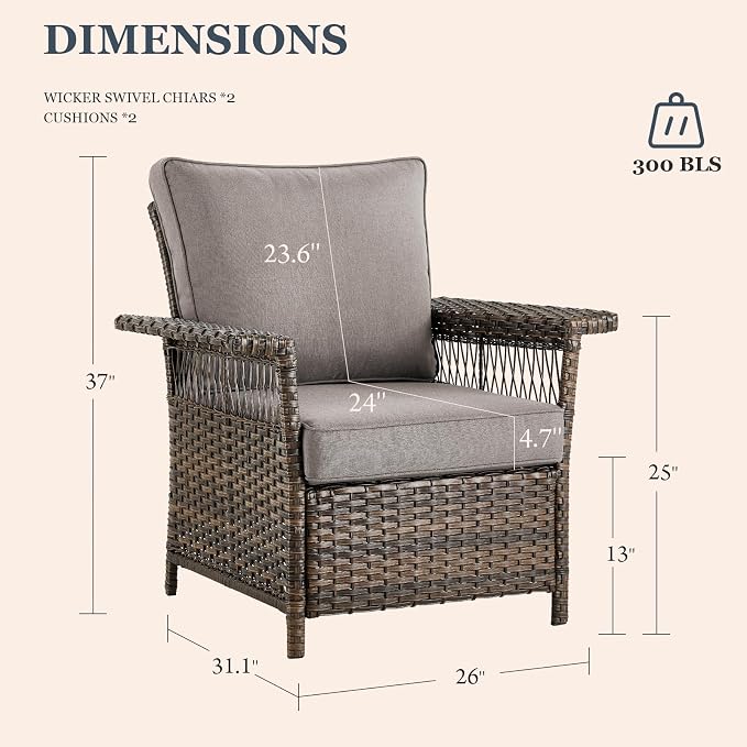 Patio Furniture Set 2 Wicker Swivel Glider Chairs 2 PE Rattan Chairs and 2 Ottomans with Grey Cushions Patio PE Rattan Side Table Brown Wicker Patio Conversation Set 7pcs for Patio