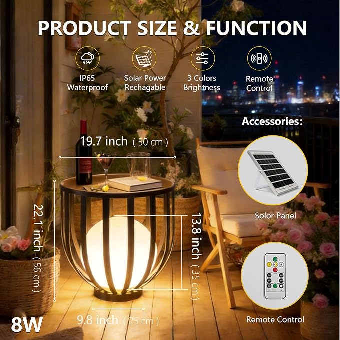 Outdoor Solar Side Table, Built-in LED Ball Light,Remote Control and Portable Solar Panels,Suitable for Outdoor Spaces Such as courtyards and Gardens