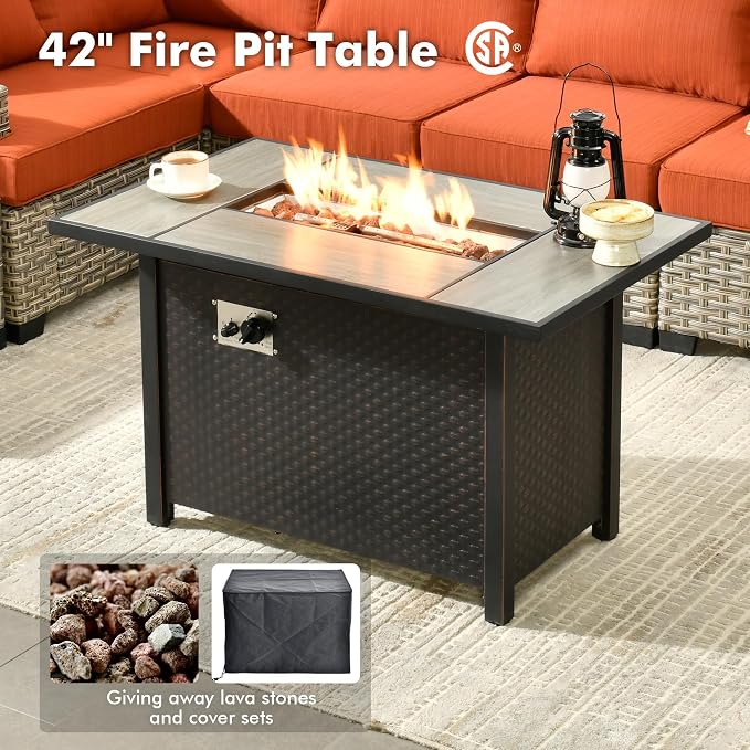 Weaxty 9 Pieces Wide Seats Outdoor Furniture Set, Sectional Couch Swivel Rocking Chair Ottoman Fire Pit Table, Thick Cushion All-Weather Rattan Patio Conversation Sets for Backyard Deck, Orange Red