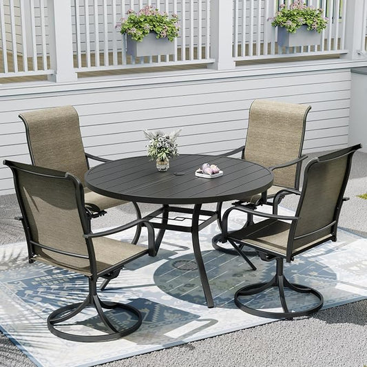 Outdoor Dining Table with 4PCS Swivel Chairs,48" Round Patio Table with Adjustable Umbrella Hole,Stable Patio Dining Set for Home or Outside