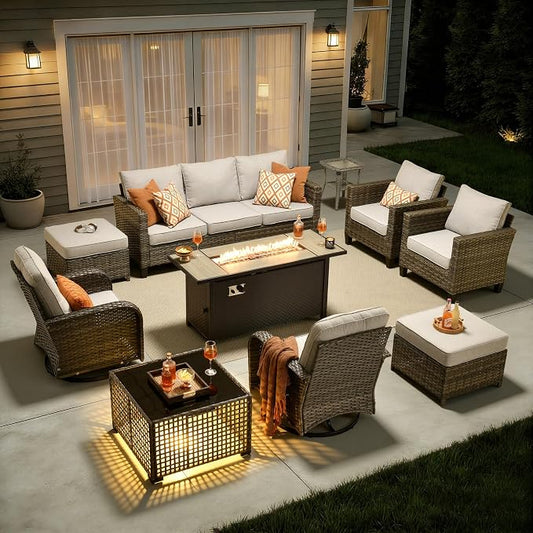 10 Piece Wicker Patio Furniture Set with Firepit, Gray | High Back Swivel Rocker Chairs, 54-inch Fire Pit, Outdoor Sofa Ottoman Solar Lights Table, Conversation Sets, Deck Backyard