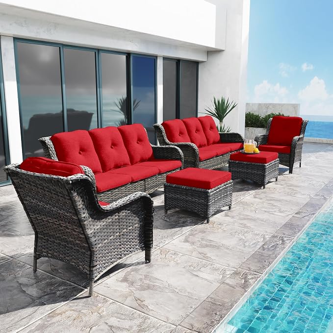 Outdoor Wicker Couch Set 6 Pieces - Outdoor Wicker Patio Furniture Set with 2 Armchairs, 2 Couch and 2 Ottomans, Olefin Cushions Included(Mixed Grey/Red)